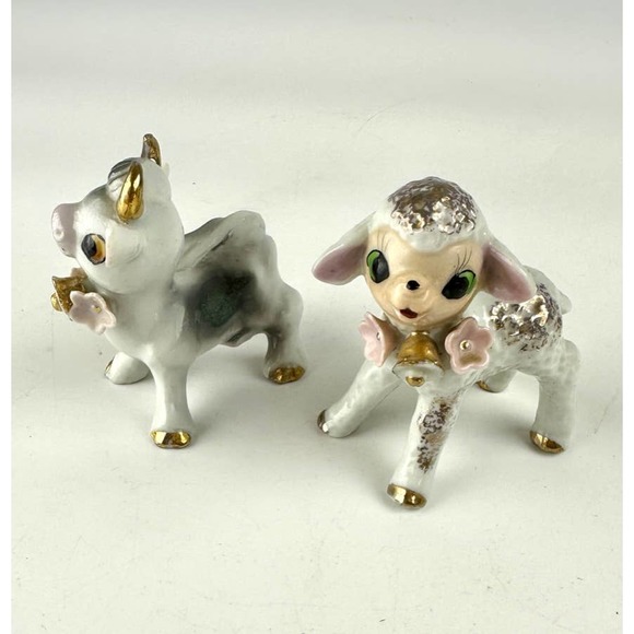Vintage Cow And Lamb Figurines Ceramic White Gray Porcelain Gold Trim Japan - Picture 5 of 13